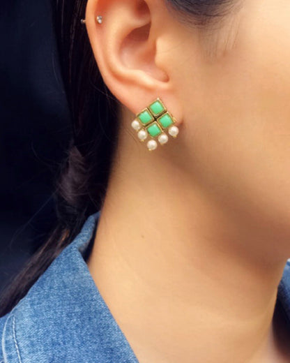 Light Green Resin Stone and Pearl Stud Earrings