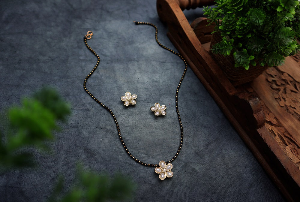 Flower Mangalsutra Necklace Set - Pearl