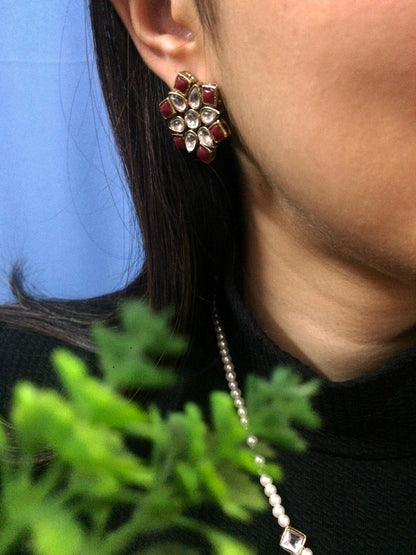 Kundan Pendant and Earrings Set - Red