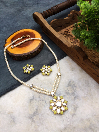 Kundan Pendant and Earrings Set - Yellow
