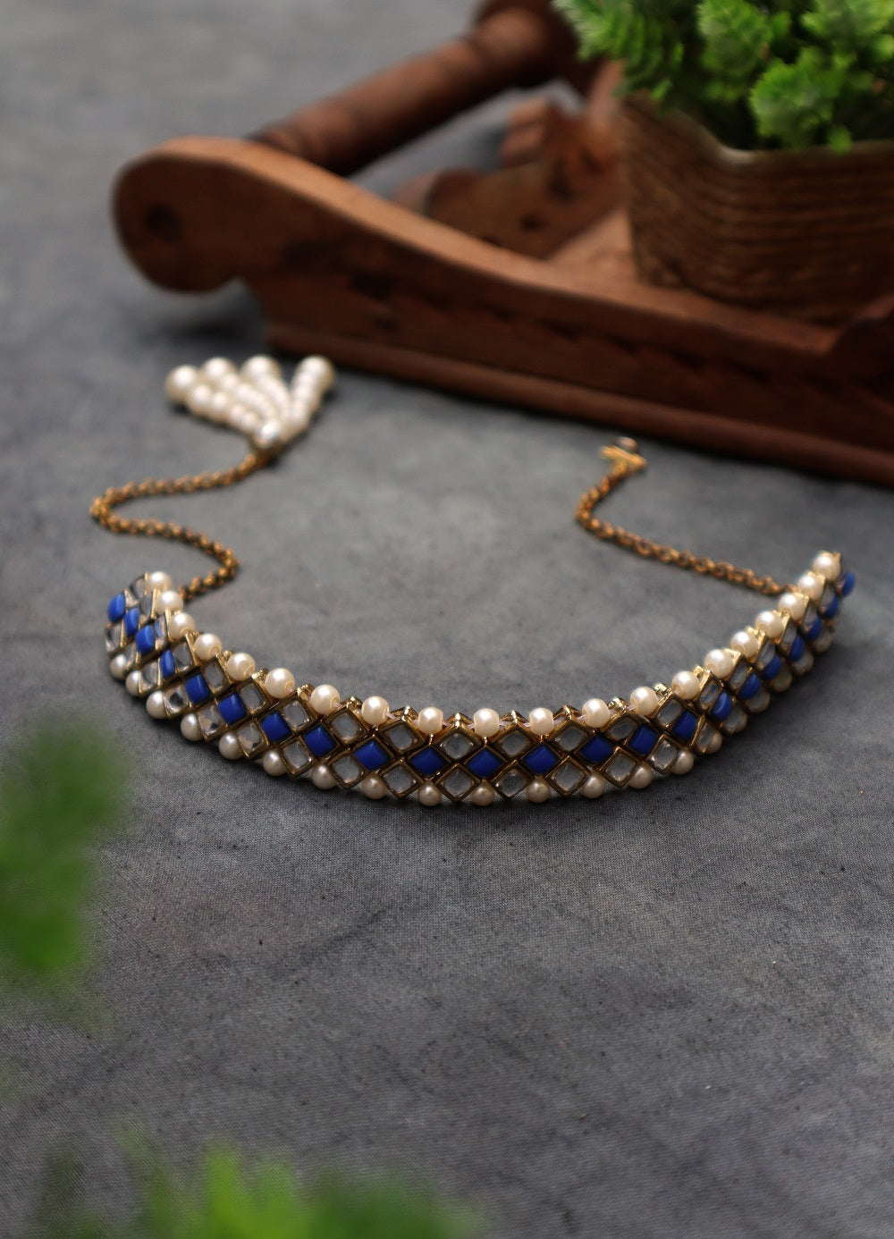 Kundan-Blue Stone Choker Necklace Set With Bracelet