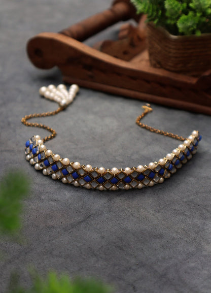 Kundan-Blue Stone Choker Necklace Set With Bracelet