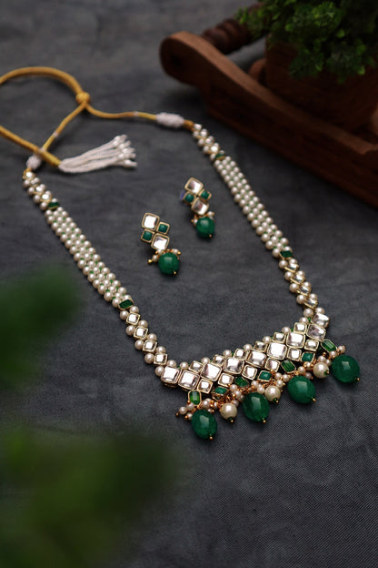 Green Stone Kundan and Pearl Long Necklace Set