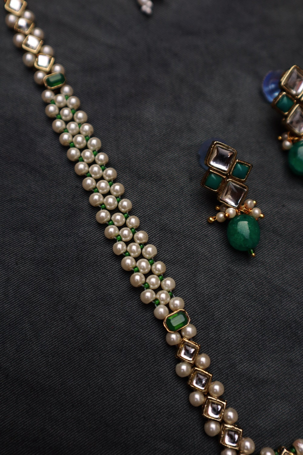 Green Stone Kundan and Pearl Long Necklace Set