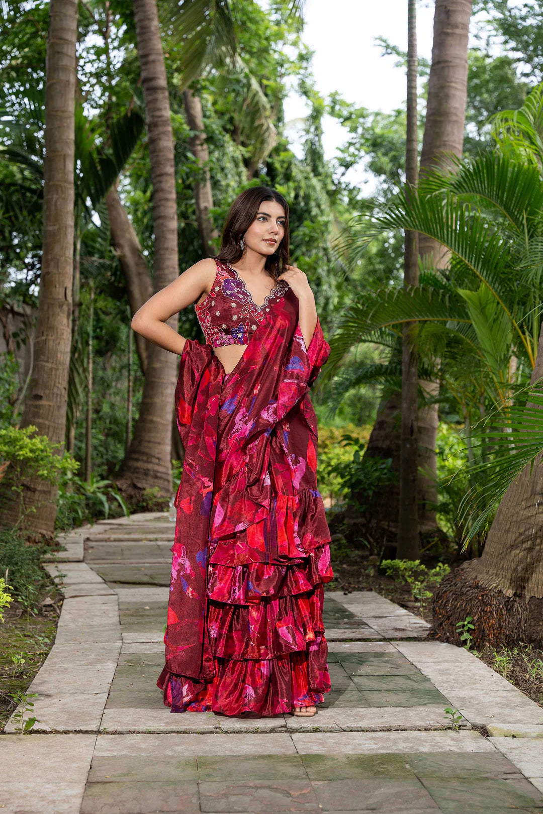 shades of wine- ruffle saree