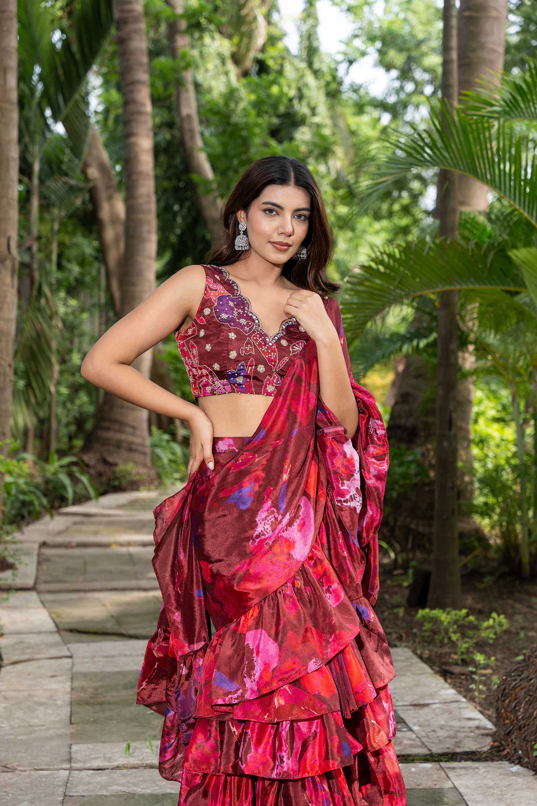 shades of wine- ruffle saree