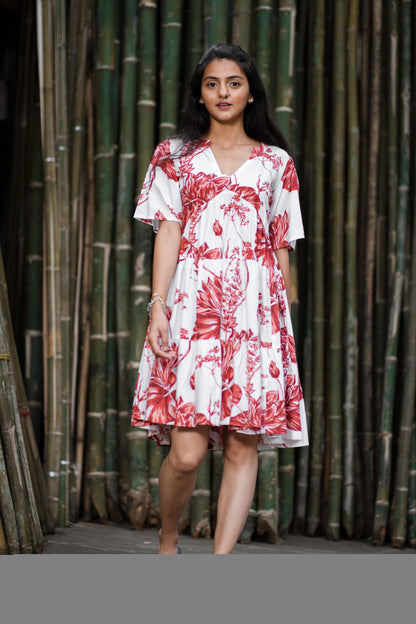 Camellia - 3-Tiered Red Lotus Print Fit & Flare with V Neckline