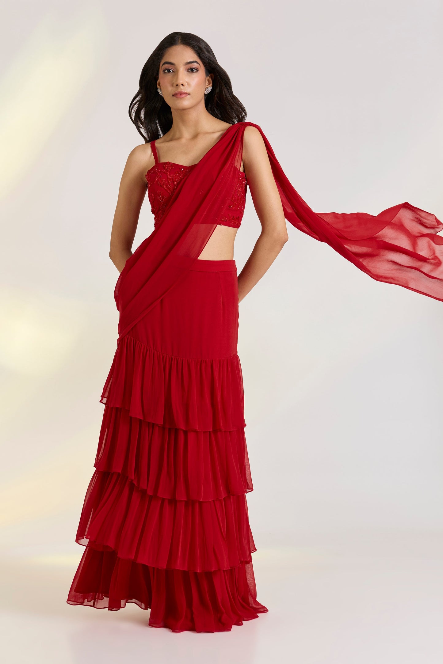 Red Embroidered Pre-Drape Saree