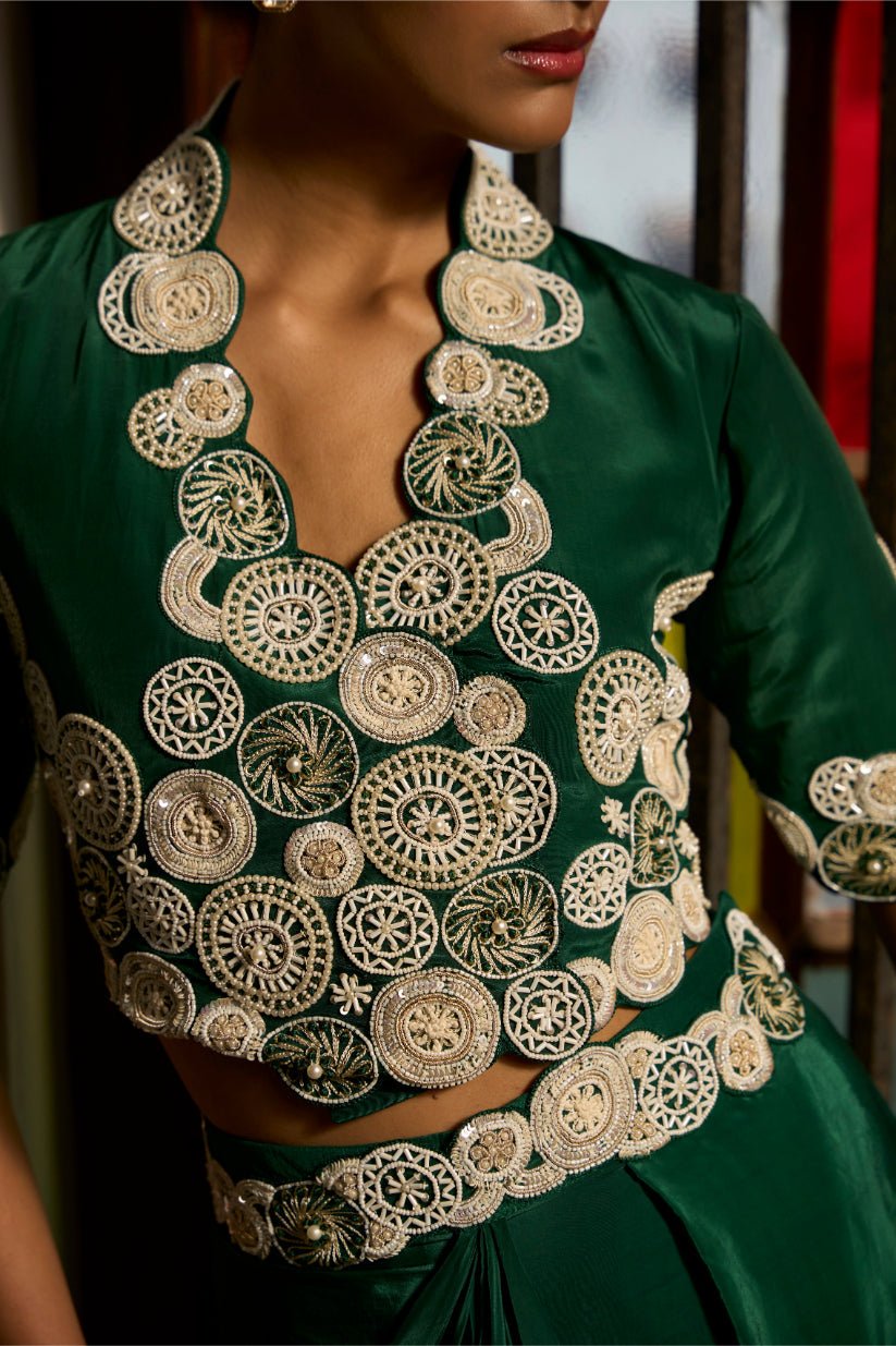 Green Poise Jacket and cowl skirt set