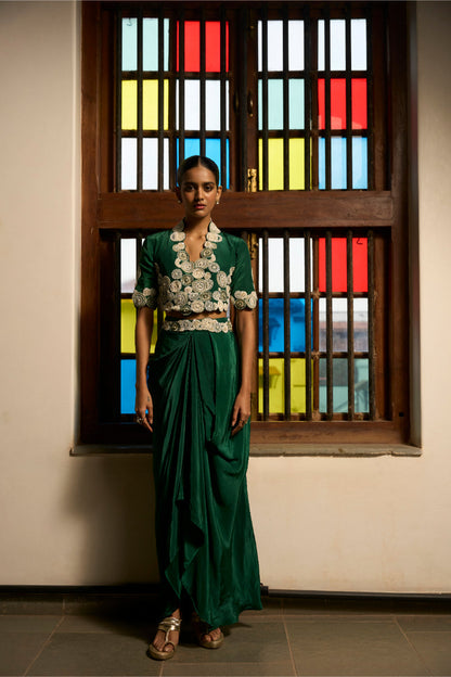 Green Poise Jacket and cowl skirt set