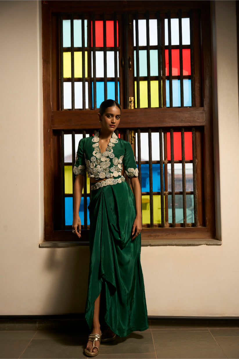 Green Poise Jacket and cowl skirt set