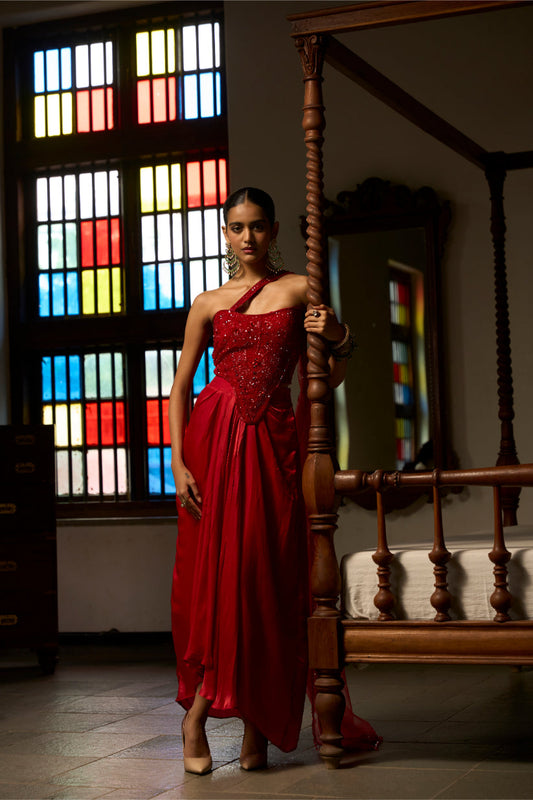 Red Mirage Draped Corset Set