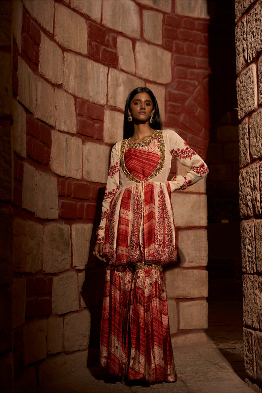 Mehr Rang – Printed Peplum Sharara Set