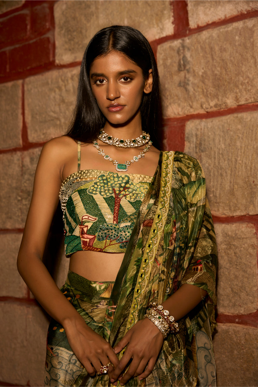 Jungle Print Ruffle Saree with Handwork Blouse