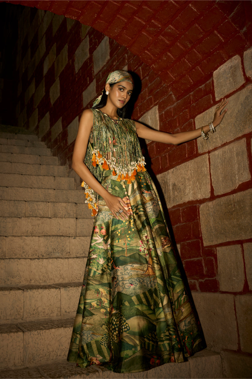 Tales of the Tropics – Jungle Print Skirt Set with Handcrafted Dori & Shell Tassel Detailing