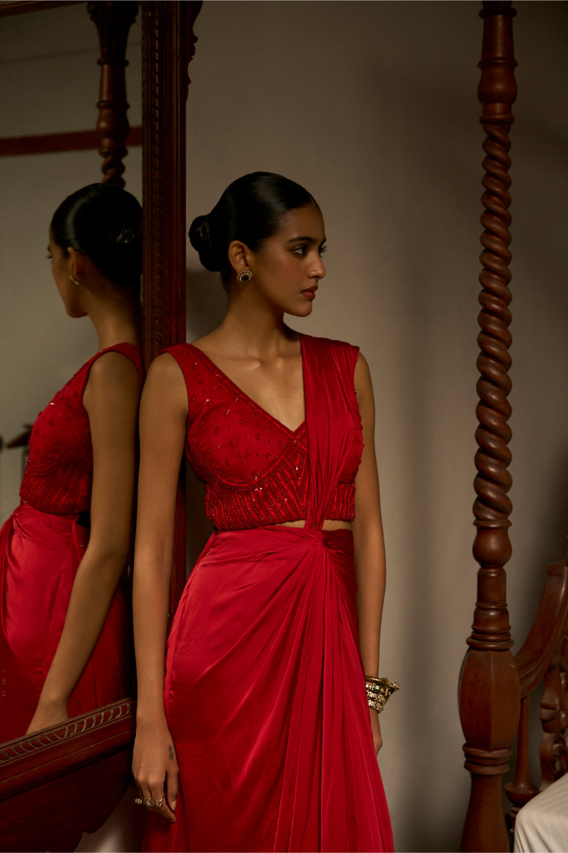 Crimson Knotted Drape Set with Embellished Blouse