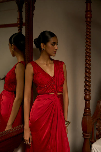 Crimson Knotted Drape Set with Embellished Blouse