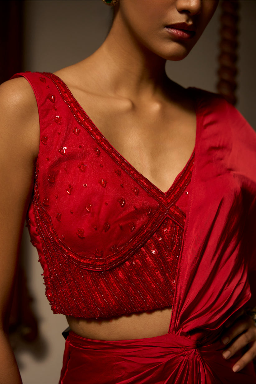 Crimson Knotted Drape Set with Embellished Blouse