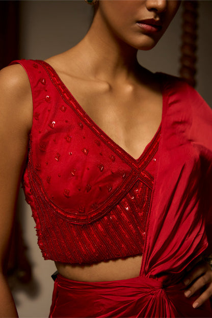 Crimson Knotted Drape Set with Embellished Blouse