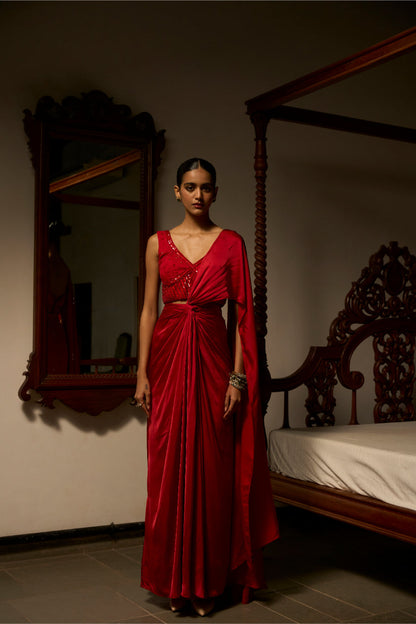 Crimson Knotted Drape Set with Embellished Blouse