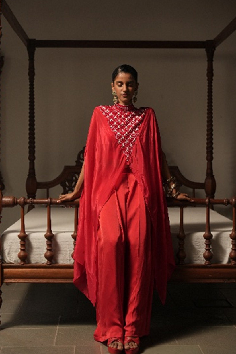 Crimson Asymmetric Cape with Handwork, Satin Blouse & Pants