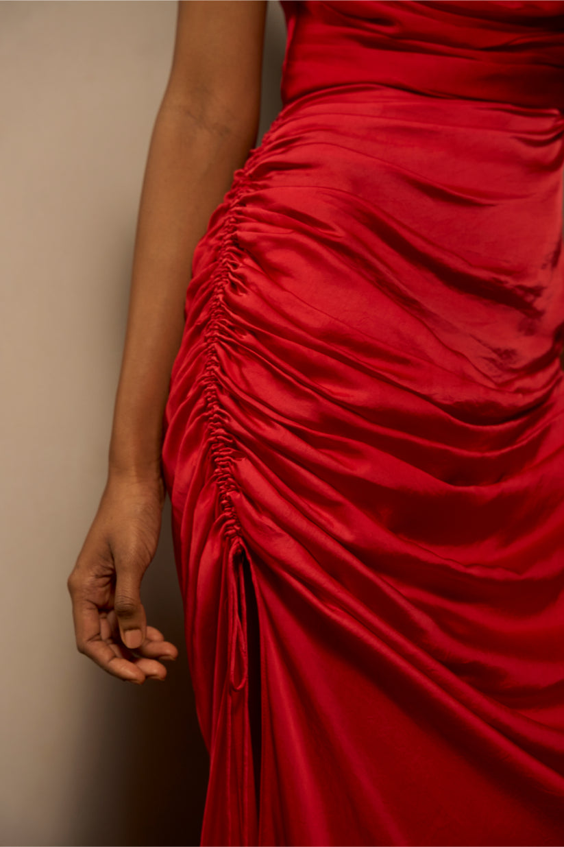 Draped in Desire – The Red Satin Gown