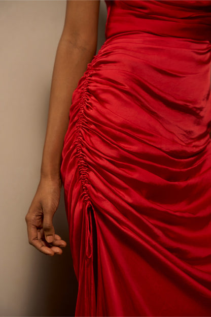 Draped in Desire – The Red Satin Gown