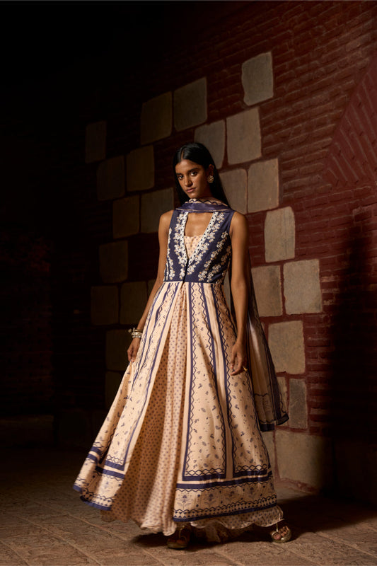 Mauve Ivory Blue Jacket - gown Set