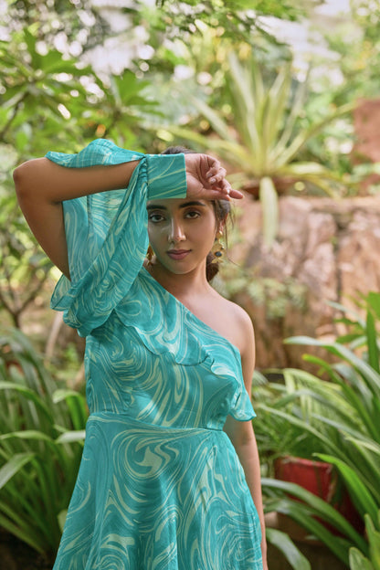 marble print one shoulder dress