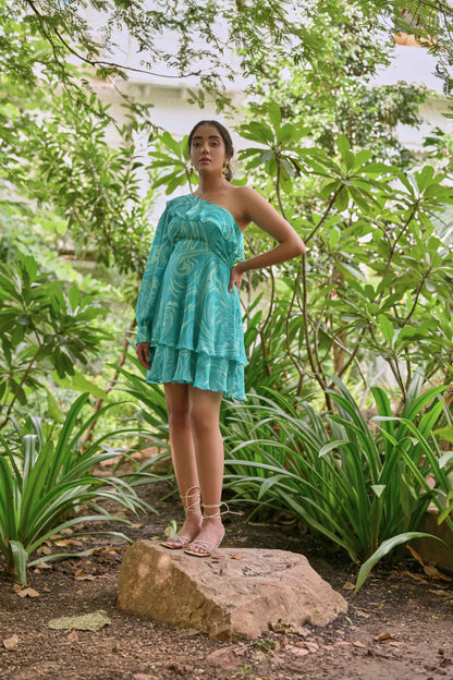 marble print one shoulder dress