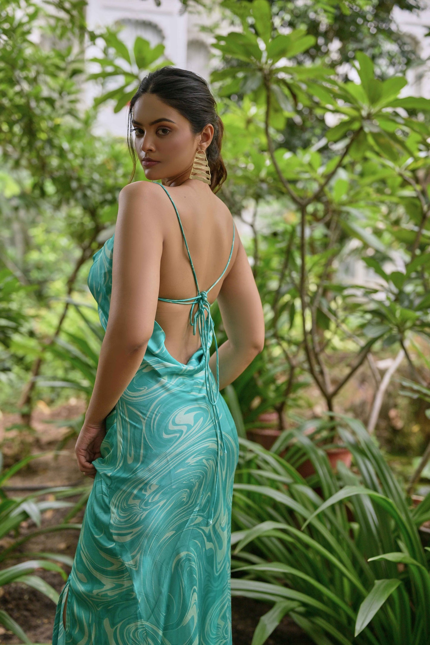 marble print cowl dress