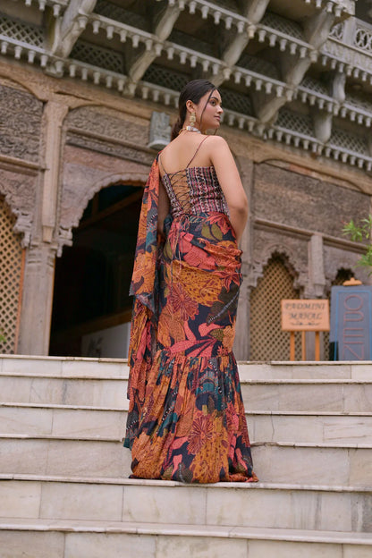 Tiger print ruffle saree