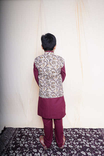 Maroon Printed Nehru Jacket Set