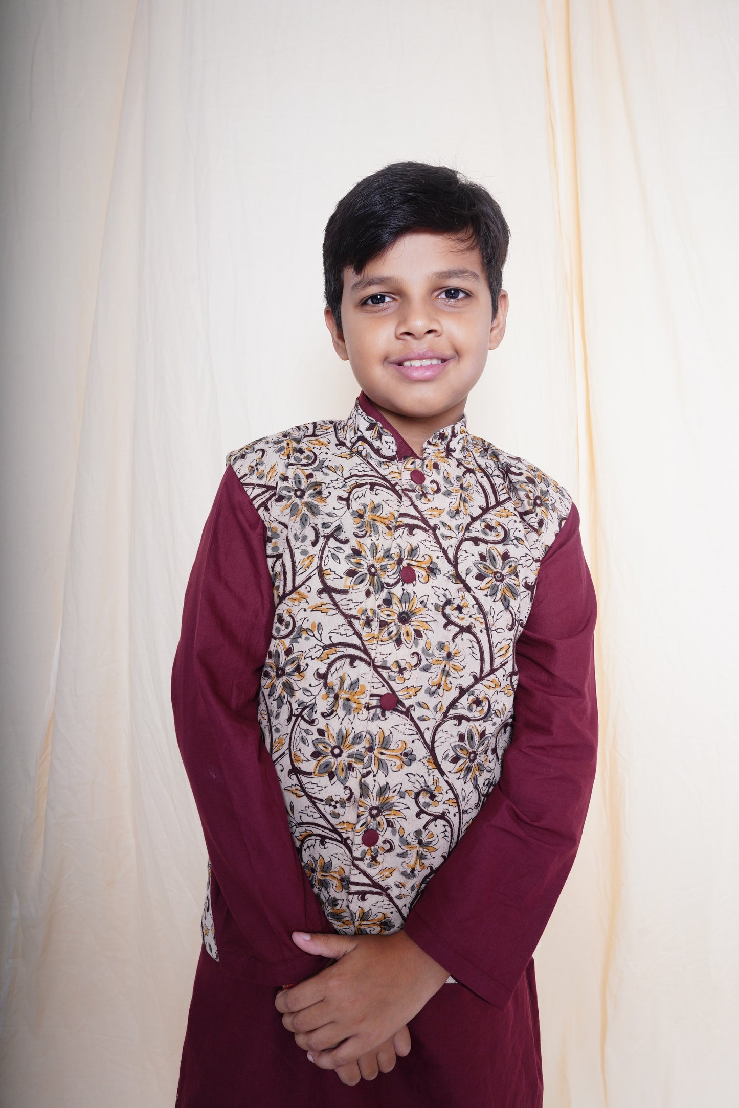 Maroon Printed Nehru Jacket Set