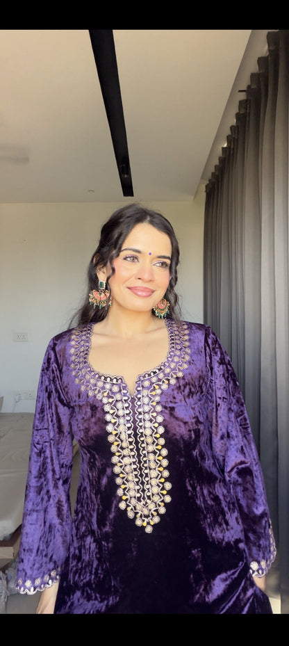 RIMJHIM IN PURPLE VELVET PITA EMBROIDERED CO-ORD SET