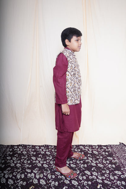 Maroon Printed Nehru Jacket Set