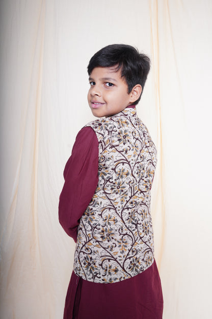 Maroon Printed Nehru Jacket Set