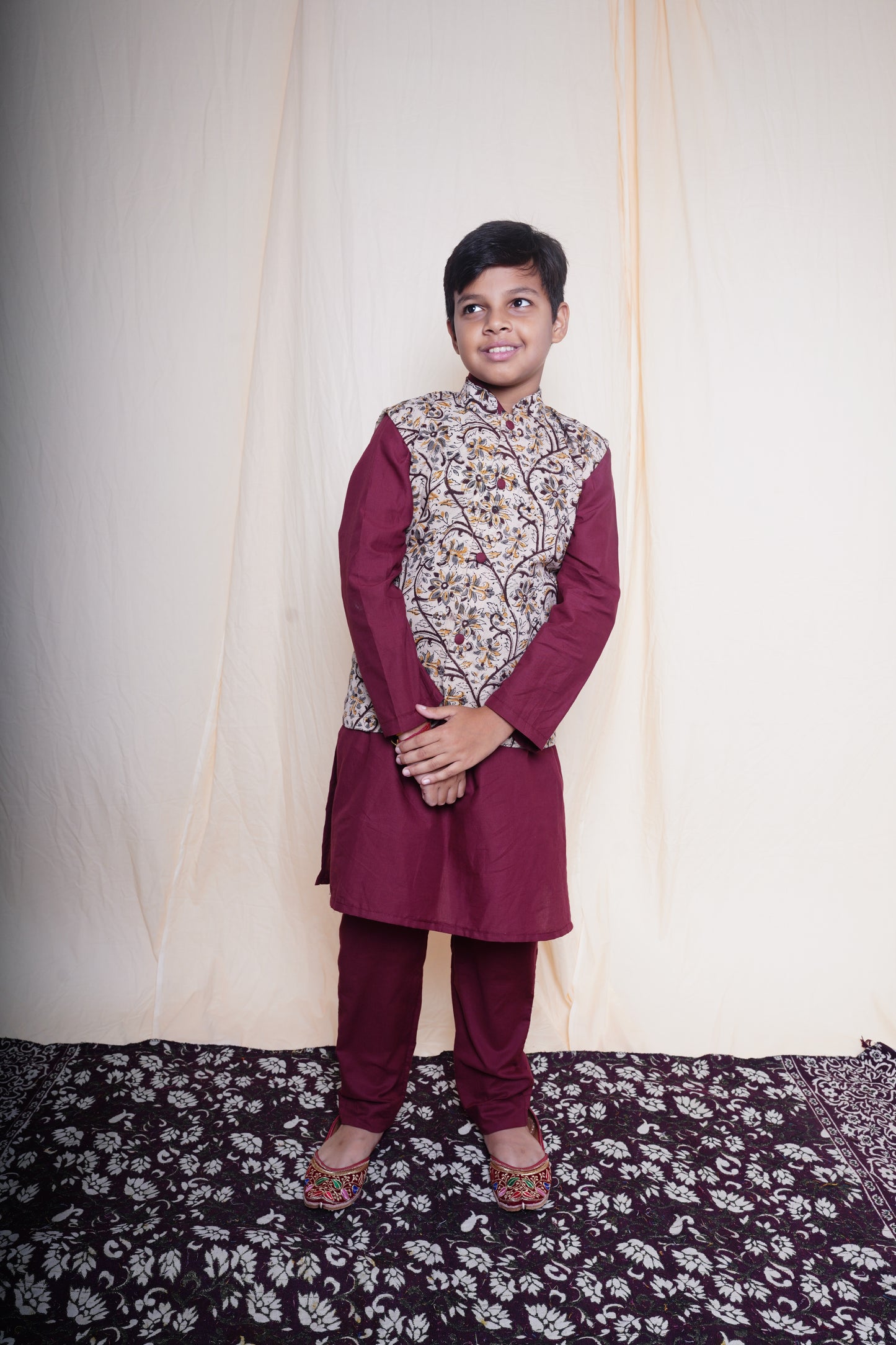 Maroon Printed Nehru Jacket Set