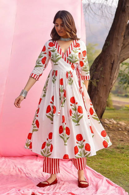 Phagun Red Poppy Angrakha Kurta Pant Set