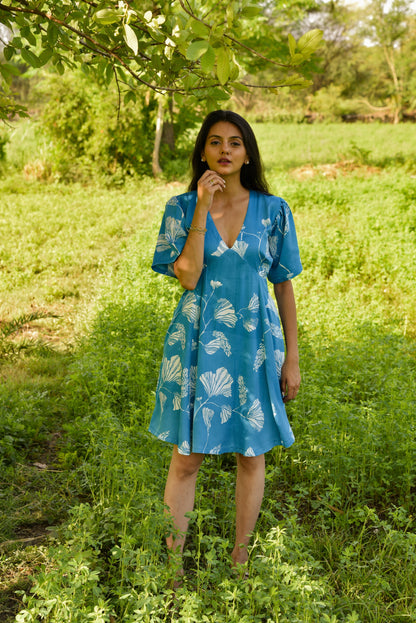 Siria Dress - Elegant Blue Printed Flare Dress with Pockets