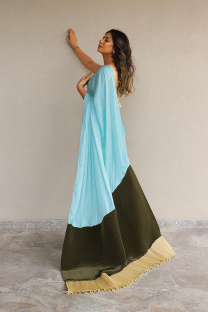 Aqua with pleated olive and gold Saree