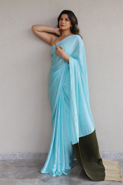 Aqua with pleated olive and gold Saree