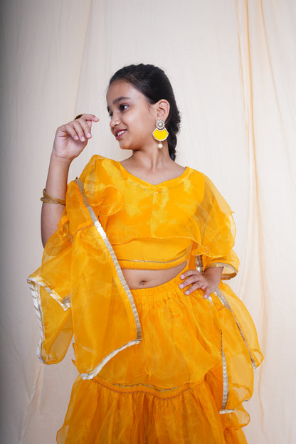 Mustard Cape Sleeves Lehenga Set