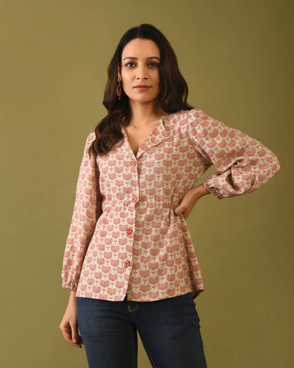 Hand Block Printed Fancy Button Linen Top