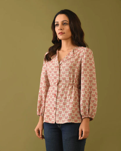 Hand Block Printed Fancy Button Linen Top