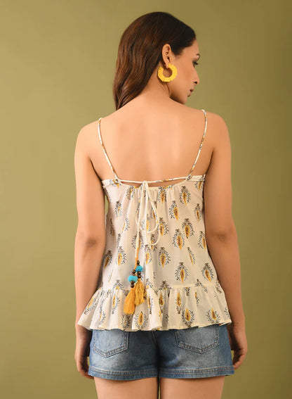 Hand Block Printed Beaded Trim Top