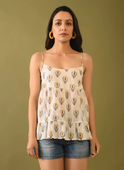 Hand Block Printed Beaded Trim Top