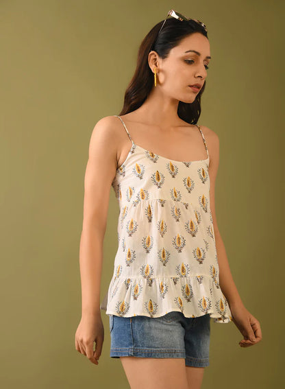 Hand Block Printed Beaded Trim Top