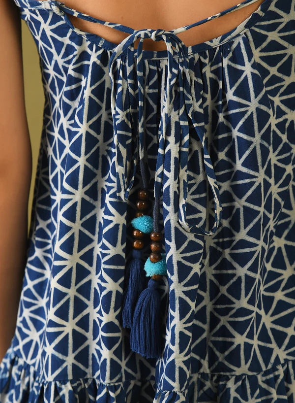 Indigo Dabu Print Tassel Top