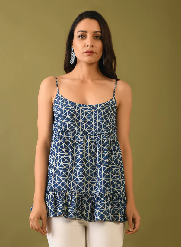 Indigo Dabu Print Tassel Top